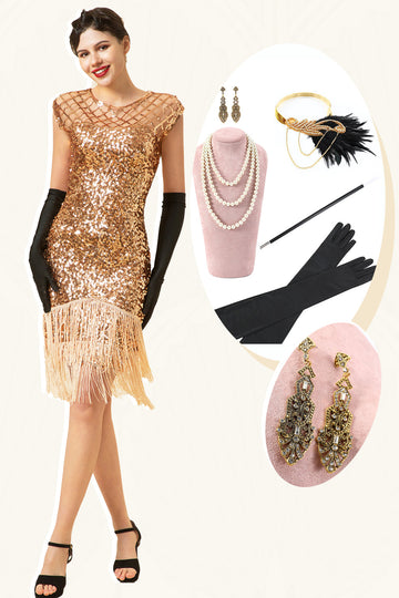 Rosa Kepsärmar Paljetterade Fransar 1920-Talets Gatsby Flapper Klänning med 20-Talstillbehör Set